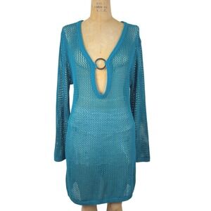 Retro Crochet Beach Cover Up Dress O-Ring Deep V Neck Women XL Y2K Mermaidcore